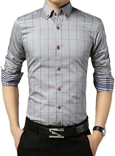 MHSXN Men Spring Shirt Casual Large Size Plaid Long Sleeves Thin Comfortable Primer Shirt,Gray-XL