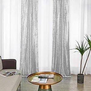 2?8FT-2PCS Silver Sequin?Backdrop Curtains Panels, Photography Backdrop Glitter Fabric Background for Wedding Party Decor