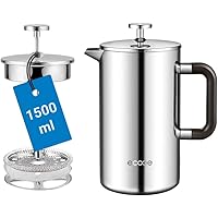 ecooe 1.5L French Press Kaffee Doppelwandiger Kaffeebereiter aus 18/10 Rostenfrei Edelstahl mit 3 Filtern