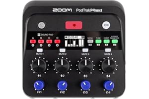 ZOOM PodTrak P4next podcast recorder, 4 XLR microphone inputs, 4 headphone outputs, AI noise reduction, tone and comp effects, telephone input, sound pads, recording to SD, battery or USB power supply