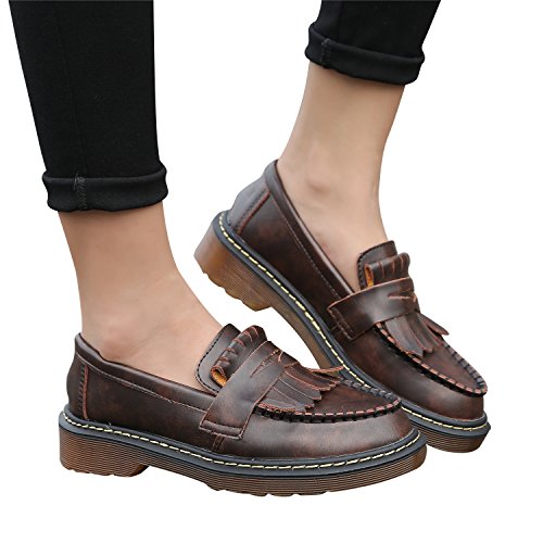 Smilun Damen Bootsschuhe Rund Toe Loafer Flach Mokassins Quaste - 6