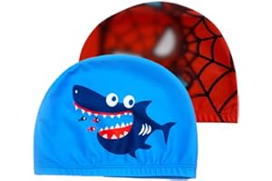 WBZOWRB 2 Piezas Gorro Piscina Niño, Gorro Natación Niño, Gorro Piscina Hombre, Gorros Natación Para Niños, Gorro Piscina Para Niños Niñas De 4 A 10 Años(Tiburón+Hombre Araña)