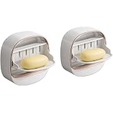 HOMESTELLA Wall Mounted Soap Holder with Lid Pack of 2, Self Draining Soap Dish for Bathroom & Kitchen, No Drill Waterproof S