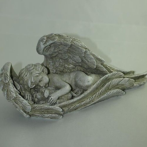 Deko Engel im Flügel liegend mit Hunde Figur liebevoll im Arm beschützend. Länge 24cm