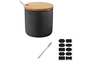 Rummyluck Céramique Sucrier Bols Bocaux d'Épices avec Cuillère & Couvercle en Bambou pour Servez le Sucre, Poivre, Épices, etc (8 * 8 * 8 CM, 240ML)