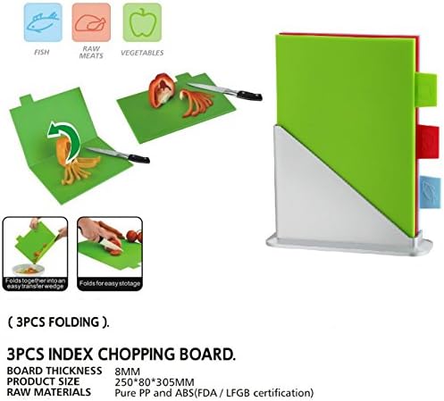3pc Premium Foldable Index Chopping Board Set - Colour Coded with Stand - Perfect for Additional Chopping Space by Kitchen Stars