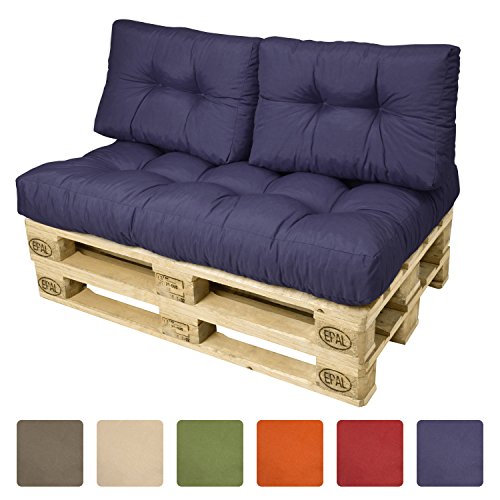 Beautissu® Set de cojines para palés - Cojín de asiento y 2 cojínes de respaldo 120x80x15 cm - Azul – Europaleten