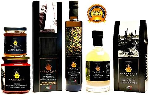 Italian Gourmet "EXCLUSIVE VENETIAN": Caravella Premium Espresso Veneziano Ground Coffee Italian Blend 250gr + Italian Extra Virgin Olive Oil Organic Carolea Varietal 500 ml + Kaffir Lime Fruit Vinegar 200 ml + Premium Italian Black SQUID INK SPAGHETTI Organic Pasta Bronze Die Artisanal 500 gr + Premium Italian Organic Tomato &amp; Tuna Pasta Sauce 300 gr + Hawaiian Pineappe Extra Jam 215gr + Caravella Elegance Gift Bag for FREE, directly from Venice