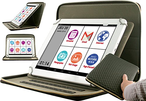 spécification Mobiho-Essentiel - TABLETTE 10' Couleur BLANCHE avec 3 points clés : INTERFACE SENIOR SIMPLIFIE + INCLUS 4 Heures de Coach Accompagnateur (sans aucun abonnement) + la pochette de rangement / transport / d'utilisation multiposition