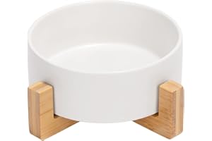 SPUNKYJUNKY Gamelle en céramique avec Support en Bambou pour Chat et Chien (400ml, Blanc-1)