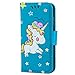 Produktbild iPhone 5 5S SE Hülle, Chreey (Unicorn) Niedlich [Regenbogen Einhorn] Glitzer Handyhülle Premium PU Leder Tasche Flip Wallet Cover mit Standfunktion Kartenfach Schutzhülle [Blau]