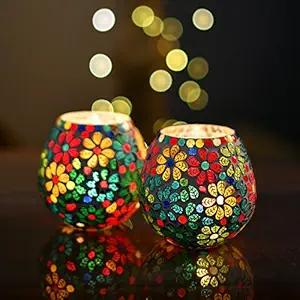 Homesake Tea Light Candle Holder for Home Decoration, Home Room Decor Items Moroccan Multicolor Mosaic Glass, for Home Room, Bedroom Lights Decoration | Pack of 2