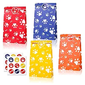 Dog Pet Paw Print Bone Sign Gift Bags Supplies Puppy Dog Theme Birthday Party Decorations Double-sided Dog Paw Bone Design Pattern Goody Treat Bags with Stickers for Kids Baby Shower