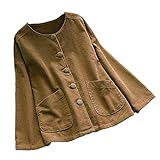 KCatsy Femme Plus Size Blouson Manteaux en Velours côtelé à col Rond, Boutons, sous-vêtements Amples(Jaune Moutarde,5XL(FR 50))