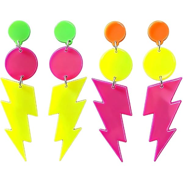 5 Paia Di Orecchini Colorati Al Neon Flash Anni '80 – Forma Fulmine E Tappi Piatti, Acrilico Leggero, Per Feste A Tema, Halloween, Carnevale - 4