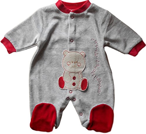 3-6 months - Baby Boys Cute Grey and Red Teddy Bear Velour Sleepsuit