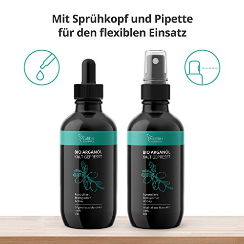 Bio Arganöl 120ml nativ und kaltgepresst, ohne Silikon – 100% reines Arganöl für Haare, Haut und Nägel, zertifiziert biologisch in Lichtschutz Glasflasche, reich an Vitamin E, feuchtigkeitsspendendes Anti Aging Serum, inkl. Spray-Kopf und Pipette – colibri cosmetics / Naturkosmetik made in Germany - 2