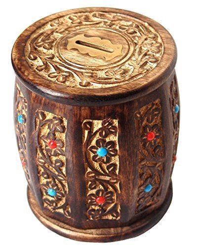 Decorative Antique Hand Crafted Wooden Money Bank Safe Piggy Bank for Girls & Boys 12.5 x 12.5 x 15 cm by Super India Store