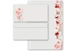 PAPER-MEDIA Set complet de 20 pièces CERISIERS EN FLEURS 10 feuilles de papier à lettres et 10 enveloppes DIN LONG sans fenêtre