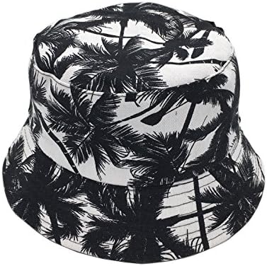 Newsilk Store Flat Top Bucket Hat Fisherman Hat with Coconut Tree Pattern Summer Outdoor Travel Sun Cap Fishing Headgear Wide Rim Headwear (Black)