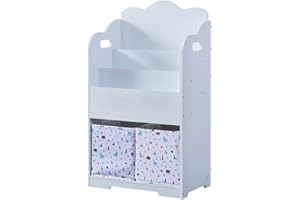 WODENY Kids Bookshelf Sling Bookcases Wooden Book Storage with 2 Storage Boxes Organizer Book Display Storage Rack for Children (White)