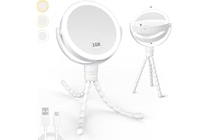 Kintion LED Travel Makeup Mirror, 1X/10X Double-Sided Magnifying Mirror with Light, 3 Color Lights Touch Dimmable, Rechargeable Portable Vanity Mirror with Bendable Detachable Bracket, White