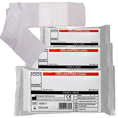 Steroplast Trauma Wound Injury FFD Haemostatic Bleed Control Field Sterile Bandage Dressing - 15cm x 18cm (3 Pack)