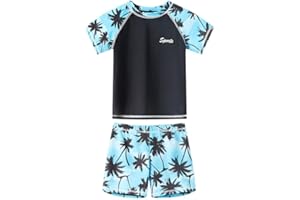 Runhomal Enfant Garçon Maillot de Bain 2 Pièces Séchage Rapide T-Shirt Anti UV Haut et Short de Bain Plage Natation Surf Swimwear