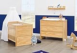 Hochwertige Pinolino Qualität; Material: Buche massiv, geölt mit Hartöl auf Leinsamenöl-Basis; Maße Kinderbett: L 148 cm, B 76 cm, H 81 cm, Lattenrost 3-fach höhenverstellbar (von 20 cm auf 36 cm und 50 cm), Maße Wickelkommode: B 117 cm, T 78 bzw. 55 cm, H 100 cm (Wickelhöhe 92 cm); Lieferumfang umfasst ein Kinderbett inklusive Umbauseiten und eine breite Wickelkommode, Montage erforderlich