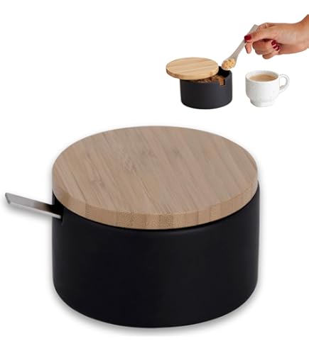 CEWROM Melk- en suikerset met deksel en lepel, keramische melkkan en suikerpot met houten schaal, crèmepot, melkreservoir, vaatwasmachine- en magnetronbestendig (zwart