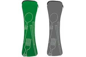 Mnsconkl Cutlery Bag, Cutlery Bag for On the Go 2 Pieces Portable Neoprene Cutlery Bags Empty with Zip Cutlery Camping Tableware School Picnic Cutlery to Go Bags Green Grey