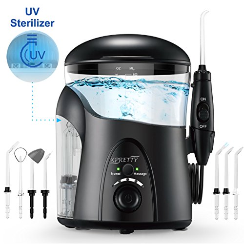 Irrigador Dental con UV Esterilizador, XPretty Water Flosser Irrigador Bucal Impermeable Water Jet Flosser de Agua Profesional Multifuncional Aquarius con 7 Cabezales, 600ml Depósito de Agua