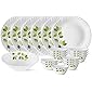 Larah by Borosil Green Leaves Silk Series Opalware Dinner Set, 19 Pieces, White