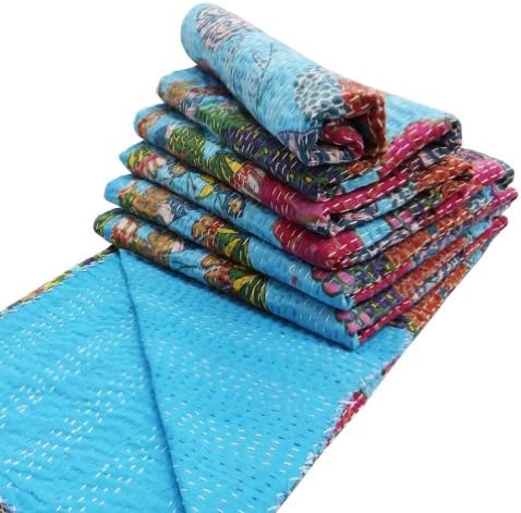 Cotton Handmade King Size Kantha Quilt Bedsheet Turquoise Blue Indian Floral ...