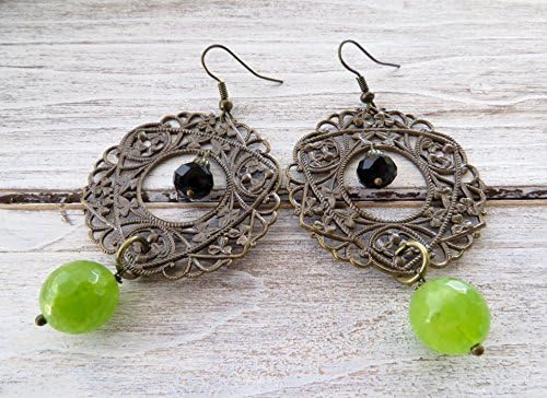 Czech bronze filigree earrings, rustic earrings, green peridot quartz earrings, gemstone earrings, vintage style jewellery, fashion jewellery