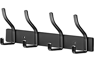 MEIJO Coat Hooks Wall Mounted Stainless Steel, Black Coat Rack Wall Mounted with 4 Hooks Heavy Duty Coat Hooks for Door, Bathroom, Bedroom, Kitchen (Black, 4 Hooks)