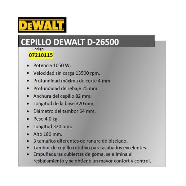 DeWalt Elektrohobel/ Hobel (1,050 Watt, Hobelbreite 82 mm, max. Hobeltiefe 4 mm, Hobelstärke in 1/10 mm-Schritten schnell und präzise einstellbar, für harte Holzarten geeignet, inkl. Zubehör) D26500 – Bild 3