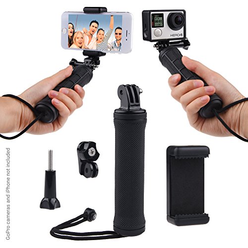Impugnatura Stabilizzante per GoPro HERO4, Session, Nero, Argento, Hero+ LCD, 3+, 3, 2, 1 e la maggior parte di Fotocamere Compatte & Smartphone - Adattatore Treppiede, Porta Telefono Universale - Fotografia Steady Shot, Selfie (Impugnatura + adattatore treppiede + porta telefono, Nero)