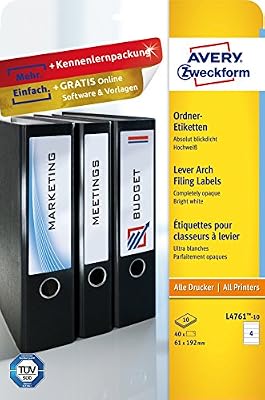 Avery Zweckform L4761-10 Lot de 10 feuilles d'étiquettes pour classeurs 192 x 61 mm (Blanc) (Import Allemagne)