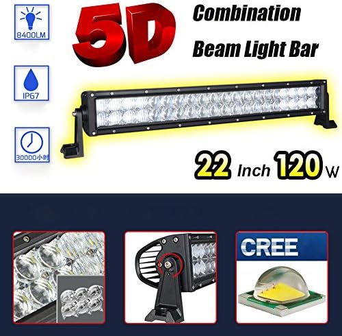 FUSKANG 22 Inch 120W 5D Light Bar,Cree LED Car Headlight Work Lights Floodlight Spot Beam Combo Lights Outdoor Waterproof IP67 SUV Off Road Boat Driving Lighting ,12V 24V
