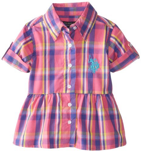 U.S. Polo Assn. Baby-Girls Infant Plaid Shirt with Roll Cuff, Pink Kite, 12 Months Color: Pink Kite Size: 12 Months Infant, Baby, Child