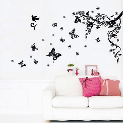 WALPLUSWall Stickers Butterflies Vine Flowers Removable Self-Adhesive Mural Art Decals Vinyl Home Decoration DIY Living Bedroom Office Décor Wallpaper Kids Room Gift, Multi-colour