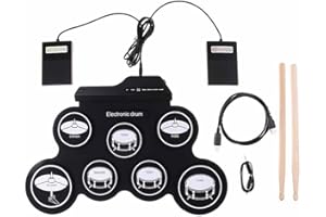 NEWFUN Bateria Electronica Niños, Bateria Electrica, Batería Electrónica, Almohadilla de Práctica para Batería Enrollable con 7 Almohadillas de Silicona con Mazas y Pedal para Principiantes y Niños