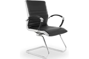 VERSEE Premium Echt-Leder Besucherstuhl Montreal in Schwarz mit Armlehne - Freischwinger mit Chrom für Büro und Konferenzräume - Belastbar bis 150kg