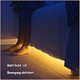 Jindia Bewegung aktiviert Bett Licht, Flexible LED Streifenlicht, Auto Ein/Aus Bewegungsmelder Nachttischlampe, Bewegung aktivierte LED-Lichtleiste (zwei Sensoren)