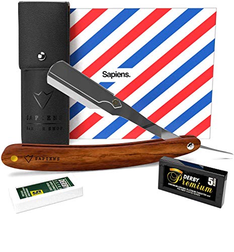 Navaja de Afeitar de Barbero Tradicional de Sapiens - Accesorio Profesional de Afeitado de Barba con su Estuche y 10 Cuchillas Derby