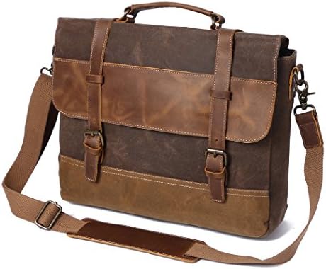 Men Messenger Bag in Crazy Horse Leather and Waxed Canvas Crossbody Bag for Men Laptop Shoulder Bags Leather Satchel, Vintage Brown