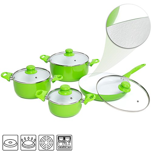 TecTake 8 teiliges Keramik Kochtopf Set mit Glasdeckel -diverse Farben- (Grün) - 3