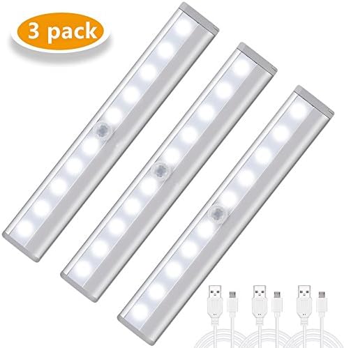 Motion Sensor Light Bar,Upgraded USB Rechargeable Closet Light 10 LED Magnetic Motion Sensor with Stick-On Magnetic Strip,Auto On/Off Stick-On Anywhere For Wall Closet Cabinet, Stairs, Drawer, Wardrobe [Energy Class A+] (Cool white)
