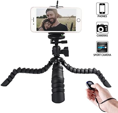 Phone Tripod, Tairoad Flexible Mini Tripod with Bluetooth Remote Control,Phone Clip, Gopro Adapter for SLR Digital Camera, Gopro,iPhone/ Samsung/ LG Huawei Sturdy Smartphone ( Black )